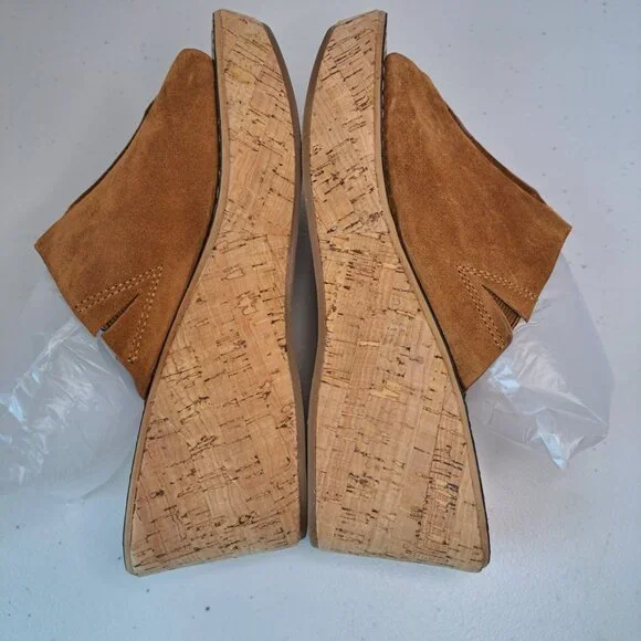 Sam Edelman Sandals Womens 8 Tan Suede Open-Toe Cork Wedge Slip-on - Picture 2 of 7